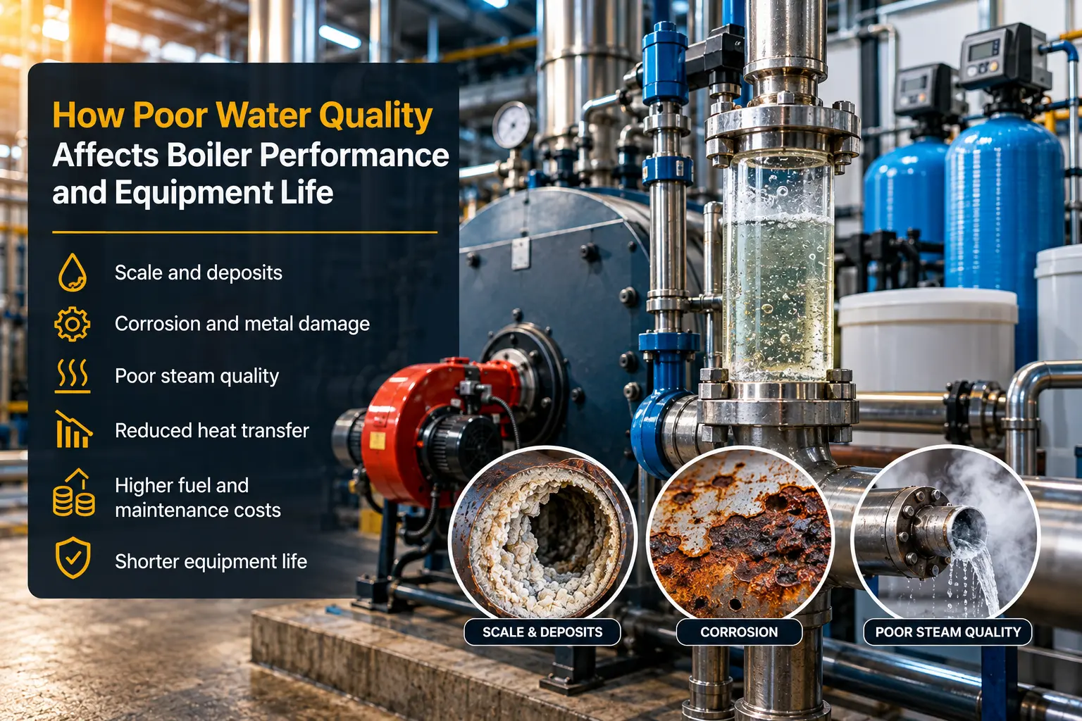 Boiler feedwater and boiler-water conditions being reviewed for an industrial steam system