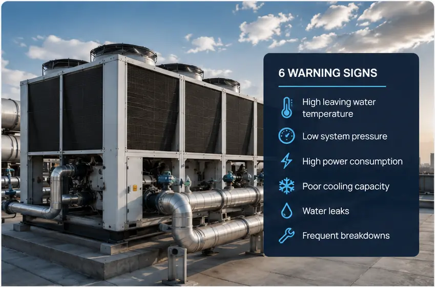 Industrial chiller system used to illustrate chiller performance and maintenance.