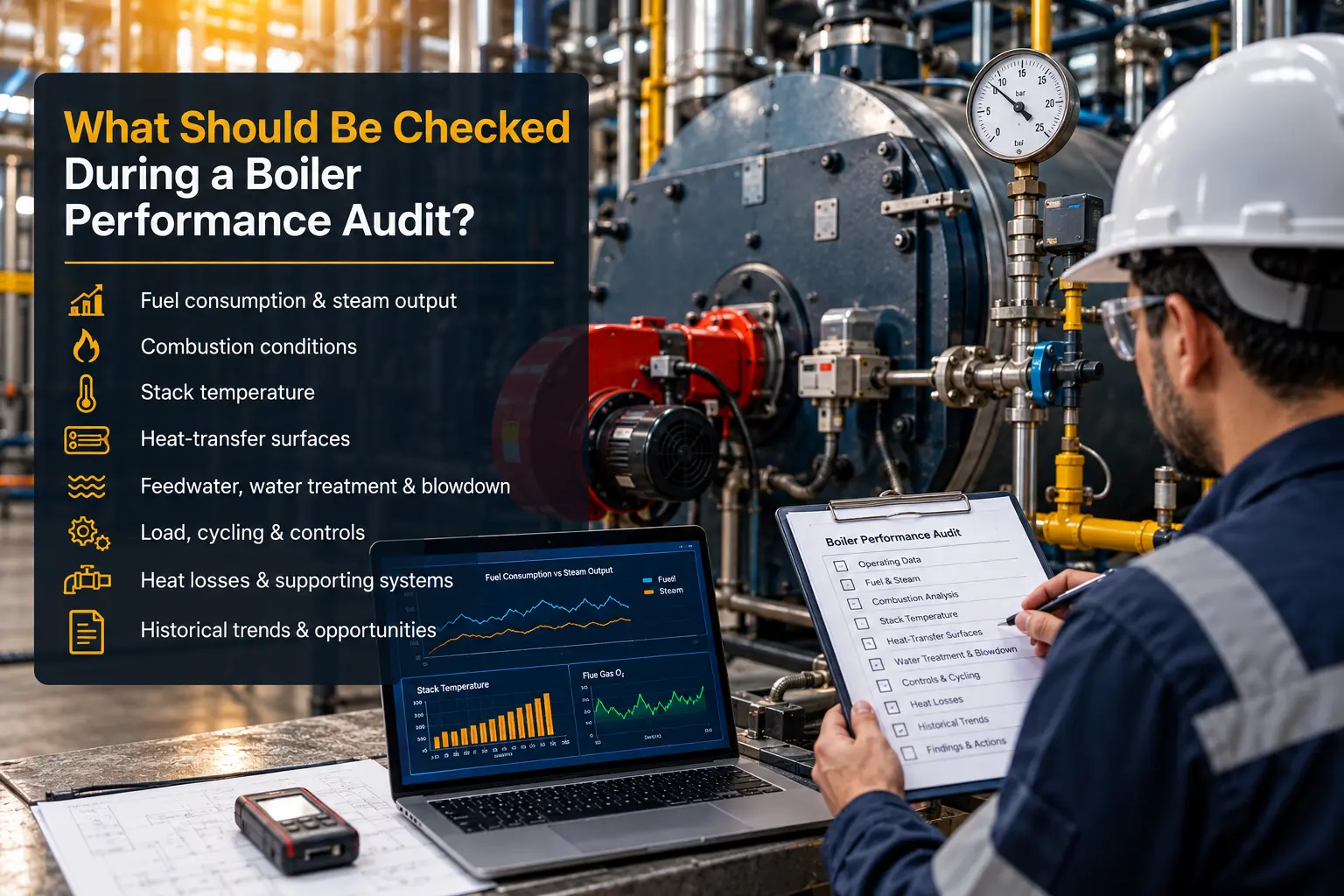 Industrial boiler operating data being reviewed during a performance audit